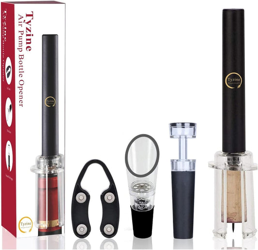 Ultimate Wine Lover's Set: Air Pressure Pump Bottle Opener with Foil Cutter, Aerator Pourer, Vacuum Stoppers (4Pcs), and Effortless Corkscrew Bottle Opener  ebasketonline Black 4 Set