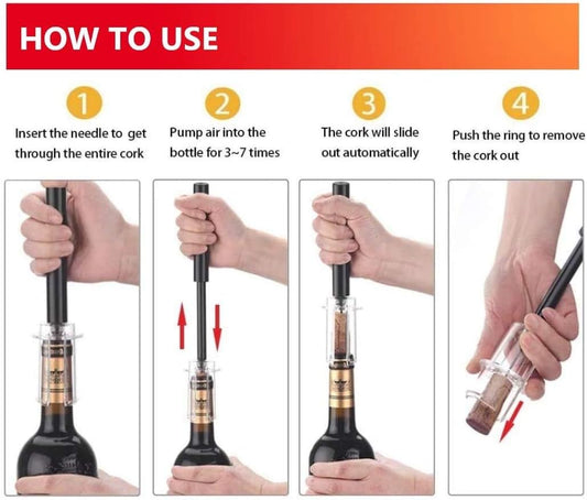 Ultimate Wine Lover's Set: Air Pressure Pump Bottle Opener with Foil Cutter, Aerator Pourer, Vacuum Stoppers (4Pcs), and Effortless Corkscrew Bottle Opener  ebasketonline