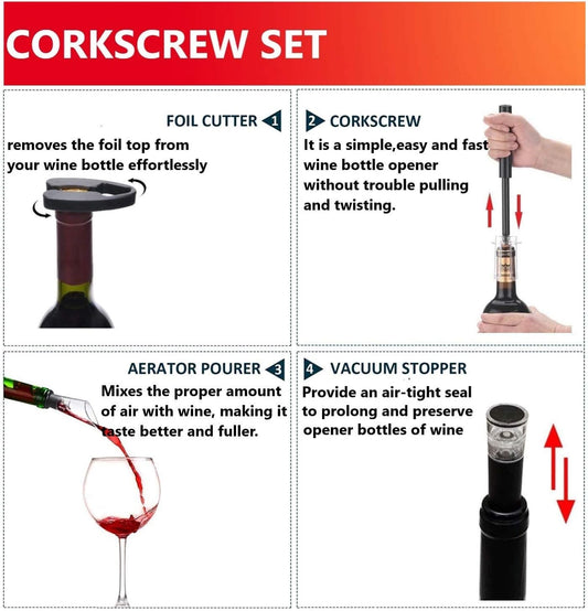 Ultimate Wine Lover's Set: Air Pressure Pump Bottle Opener with Foil Cutter, Aerator Pourer, Vacuum Stoppers (4Pcs), and Effortless Corkscrew Bottle Opener  ebasketonline