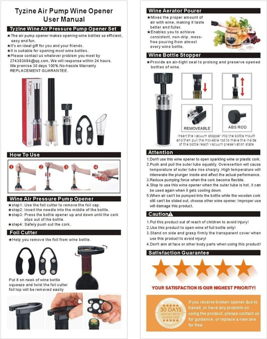 Ultimate Wine Lover's Set: Air Pressure Pump Bottle Opener with Foil Cutter, Aerator Pourer, Vacuum Stoppers (4Pcs), and Effortless Corkscrew Bottle Opener  ebasketonline