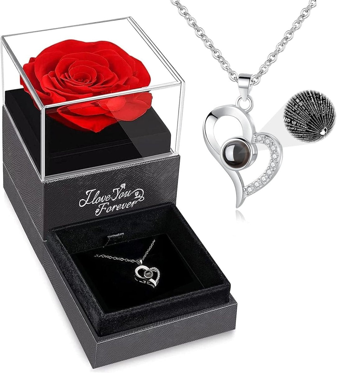 Valentine's Day Gift for Her: Preserved Real Rose with I Love You Necklace ebasketonline