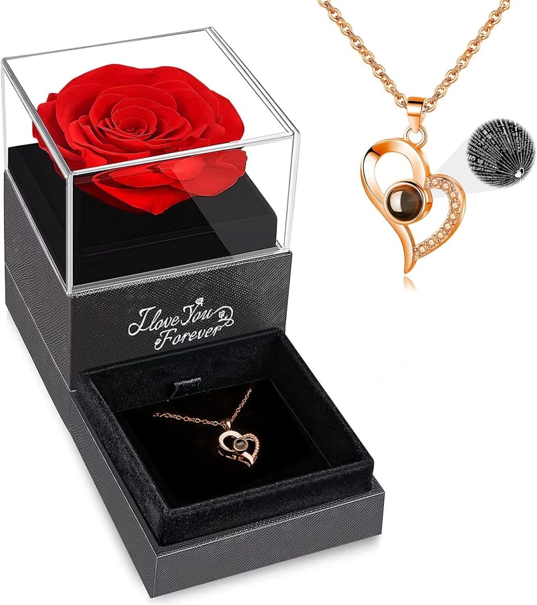 Valentine's Day Gift for Her: Preserved Real Rose with I Love You Necklace ebasketonline A1_Red Rose