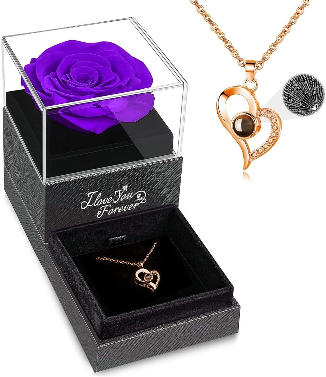 Valentine's Day Gift for Her: Preserved Real Rose with I Love You Necklace ebasketonline B1_Purple Rose
