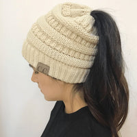 Warm and Stylish Chunky Cable Knit High Bun Ponytail Beanie Hat for Women Home & Garden Pink Lucy Beige