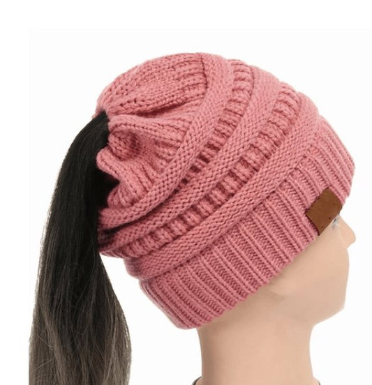 Warm and Stylish Chunky Cable Knit High Bun Ponytail Beanie Hat for Women Home & Garden Pink Lucy Dark pink