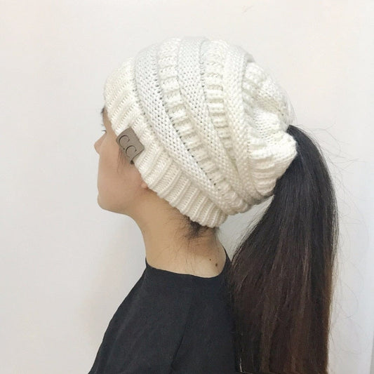 Warm and Stylish Chunky Cable Knit High Bun Ponytail Beanie Hat for Women Home & Garden Pink Lucy White