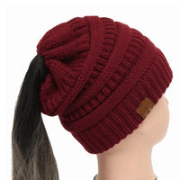 Warm and Stylish Chunky Cable Knit High Bun Ponytail Beanie Hat for Women Home & Garden Pink Lucy Wine red