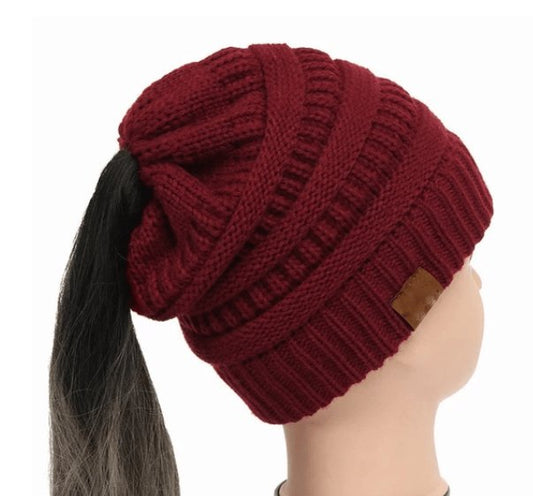 Warm and Stylish Chunky Cable Knit High Bun Ponytail Beanie Hat for Women Home & Garden Pink Lucy Wine red