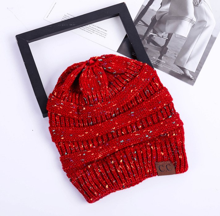 Warm and Stylish Chunky Cable Knit High Bun Ponytail Beanie Hat for Women Home & Garden Pink Lucy Wine red B