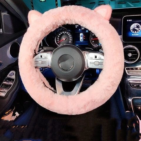 Women's Winter Plush Cute Car Steering Wheel Cover Automotive CJ Cat ear powder