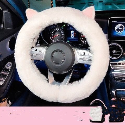 Women's Winter Plush Cute Car Steering Wheel Cover Automotive CJ Cat ears white