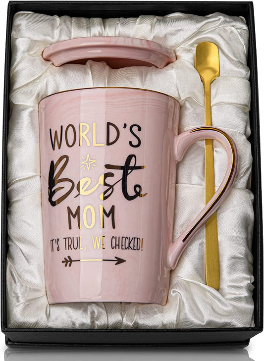 Pink Marble Ceramic Mug for MOM with Gold Accents, Lid, and Greeting Cards1