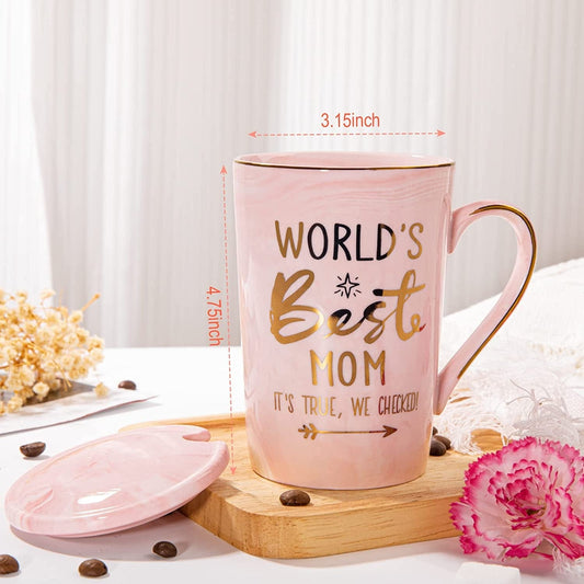 Pink Marble Ceramic Mug for MOM with Gold Accents, Lid, and Greeting Cards2