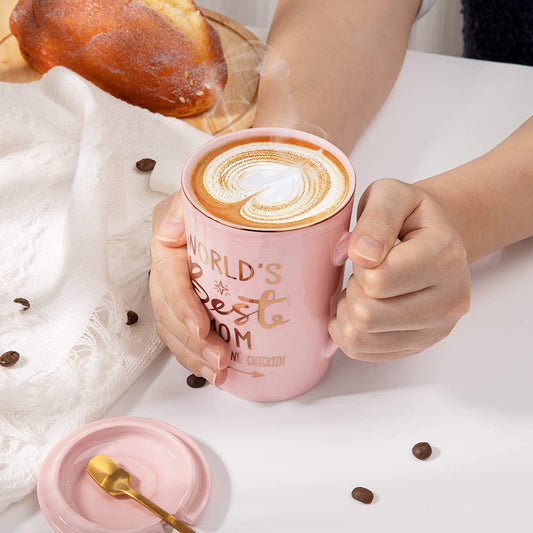 Pink Marble Ceramic Mug for MOM with Gold Accents, Lid, and Greeting Cards3