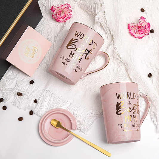Pink Marble Ceramic Mug for MOM with Gold Accents, Lid, and Greeting Cards4