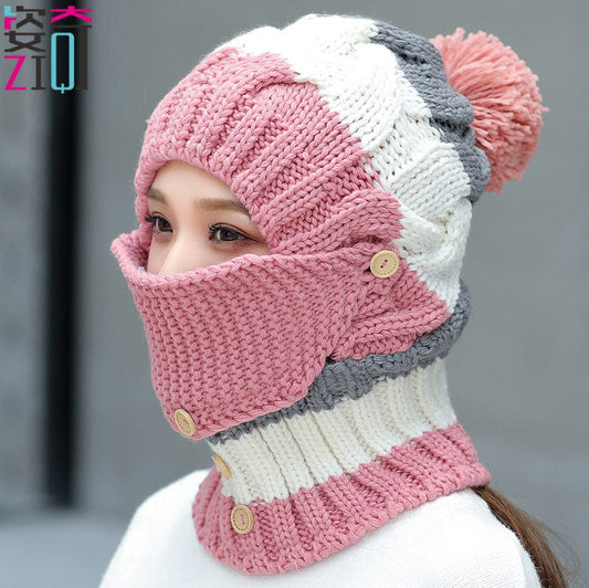 Ymsaid Fashion Winter Hat Thickened Cotton Women's Hat Warm PomPoms Hats For Women Girl Knitted Beanies Female Skiing Cap Pets CJ Pink