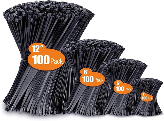 Zip Ties Assorted Sizes(4”+6”+8”+12”), 400 Pack, Black Cable Ties, UV Resistant Wire Ties by  ebasketonline 4+6+8+12 (400 Pack)