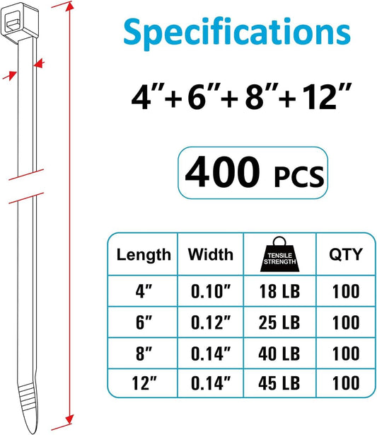 Zip Ties Assorted Sizes(4”+6”+8”+12”), 400 Pack, Black Cable Ties, UV Resistant Wire Ties by  ebasketonline