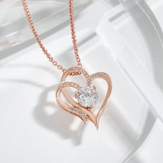 Zircon Double Love Necklace With Rhinestones - Personalized Heart-shaped Clavicle Chain Jewelry for Women on Valentine’s Day  ebasketonline Rose Gold Necklace