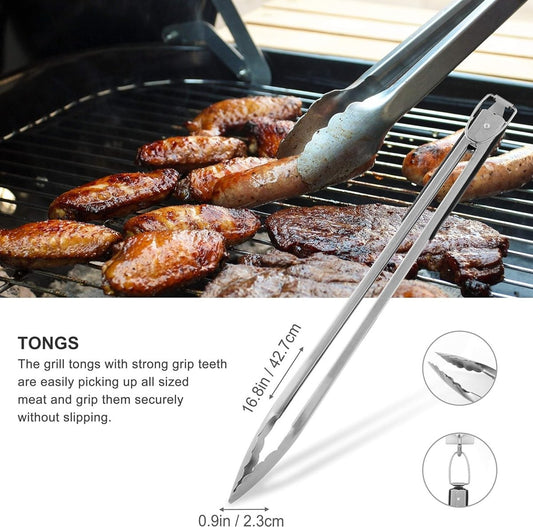 8-Piece Heavy Duty BBQ Grill Tools Set - Extra Thick Stainless Steel Spatula, Fork, Tongs, Cleaning Brush