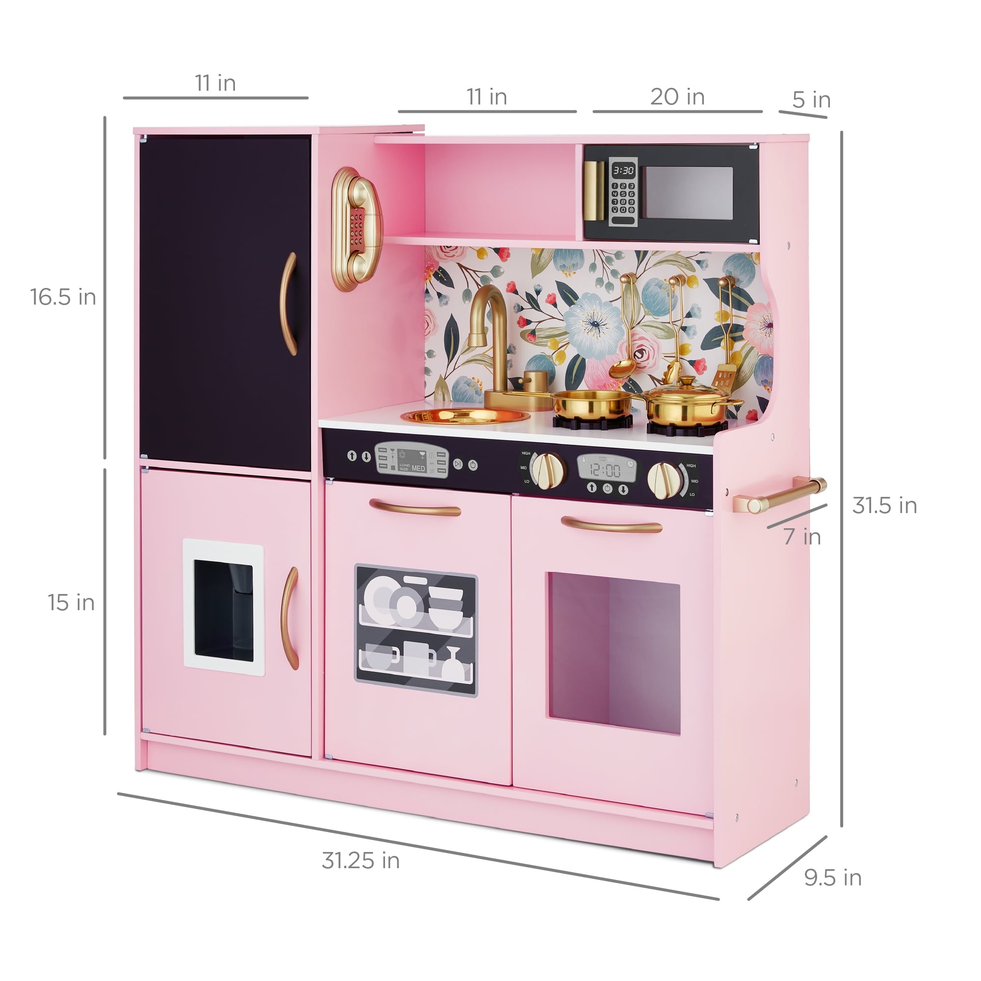 Pink Floral Wooden Pretend Play Kitchen Set for Kids with Utensils, Oven, Microwave & Telephone