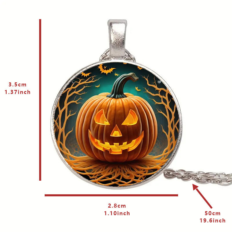 Unique Halloween Jewelry: Round Pendant Necklace with Pumpkin, Ghost, and Bat