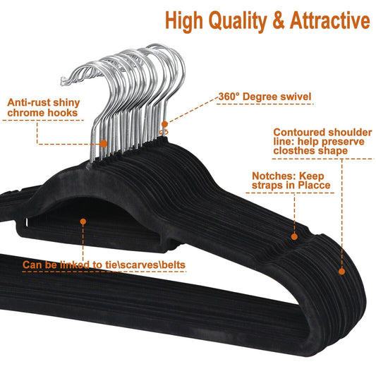 100 Pack Velvet Hangers Flocked Non-Slip Clothes Hangers 360° Swivel Hook Black  ebasketonline   