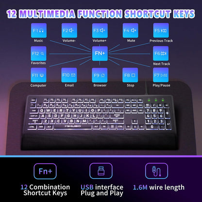 Large Print Keyboard for Seniors,Visually Impaired-High Contrast Black Keys,White Backlit with Cover,Wired USB 104 Full Size-Easy to Read Big Letters for Macular Degeneration Low Vision (No Glare)