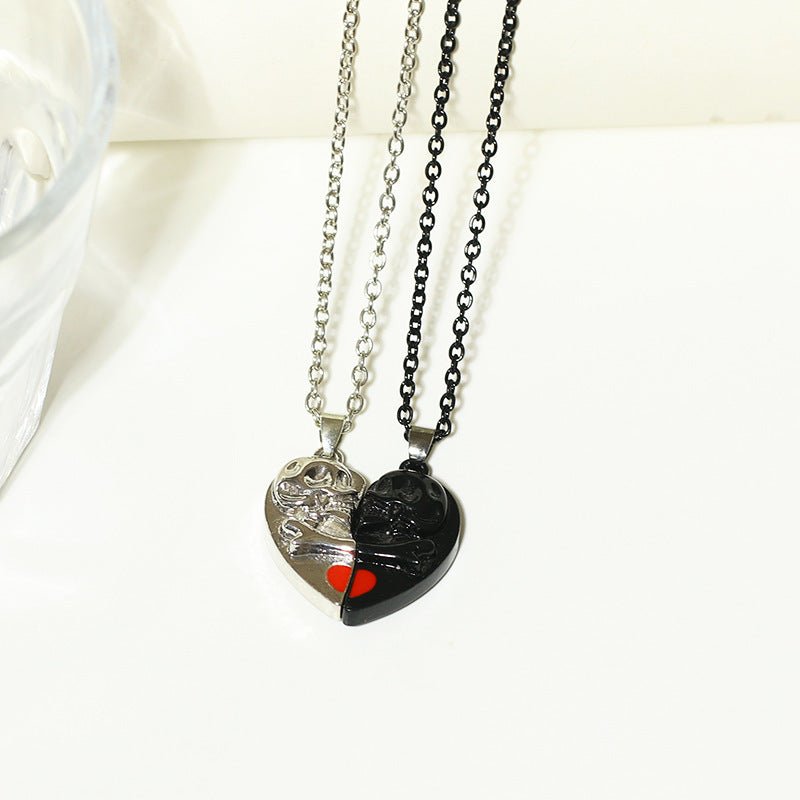 Halloween Couple Necklace: Heart-Shaped Skull Pendant