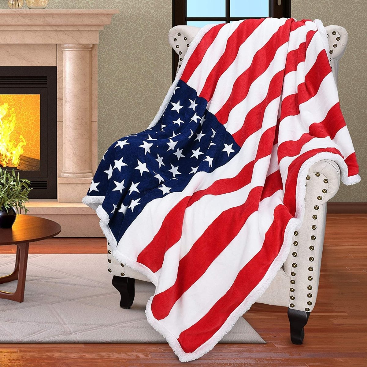 Patriotic US Flag Blanket - American National Flag Sherpa Fleece Reversible Throw