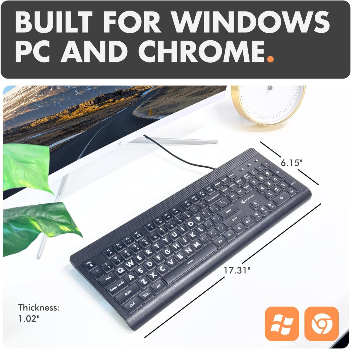 Large Print Backlit Keyboard – 7-Color LED, USB Wired, Full Size 107-Key for Seniors & Low Vision