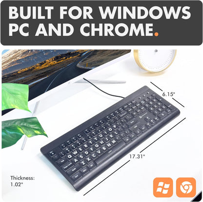 Large Print Backlit Keyboard – 7-Color LED, USB Wired, Full Size 107-Key for Seniors & Low Vision