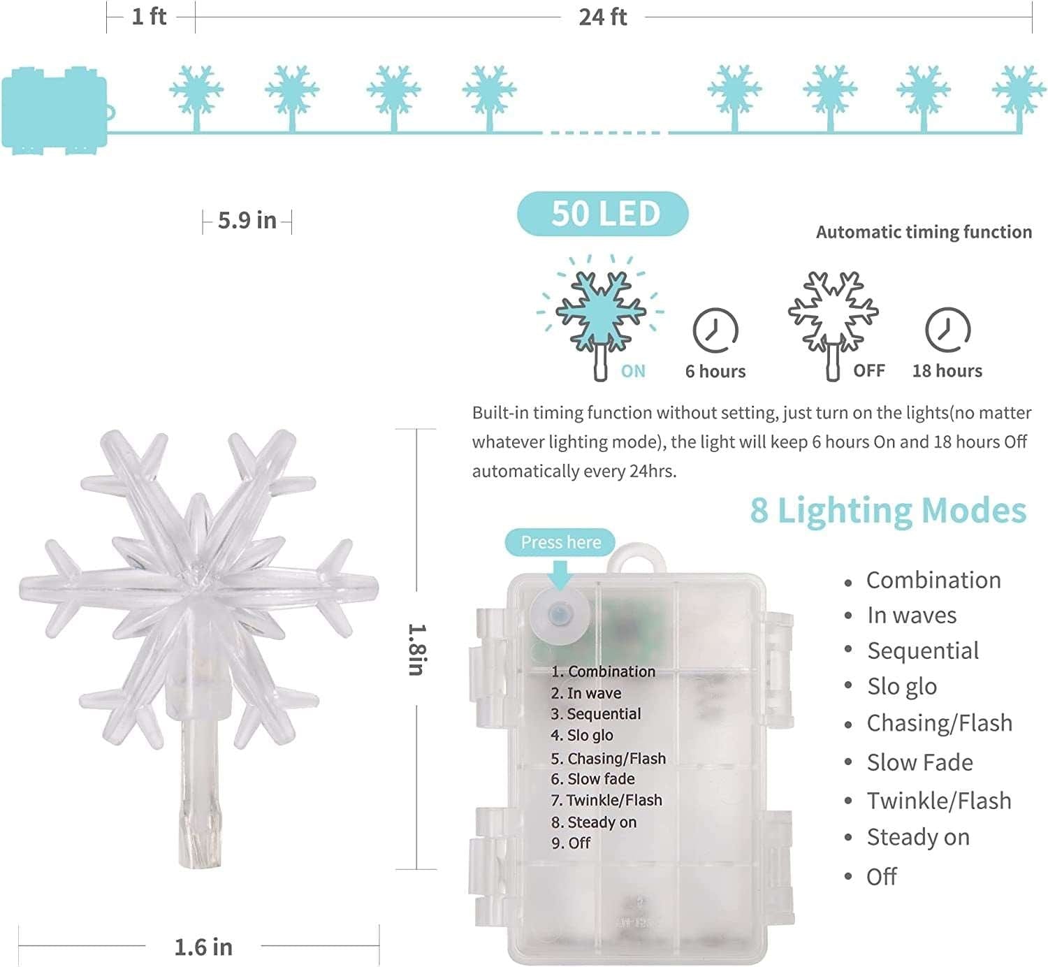 2 Pack Christmas Snowflakes String Lights Outdoor, 50LED 24FT Snowflake Decorative Xmas Lights Battery Operated, 8 Lighting Modes & Timer, Waterproof for Garden Home Party Decoration, Cool White  ebasketonline   