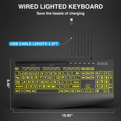 Wired Keyboard Mouse Combo – Large Print Backlit with Ergonomic Wrist Rest & 6-DPI RGB Mouse
