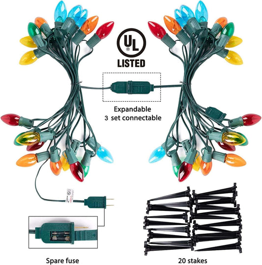 25.7 Feet C9 Christmas Pathway Lights with 20 Multicolored Bulbs and 20 Stakes Waterproof Connectable Walkway Lights  ebasketonline   