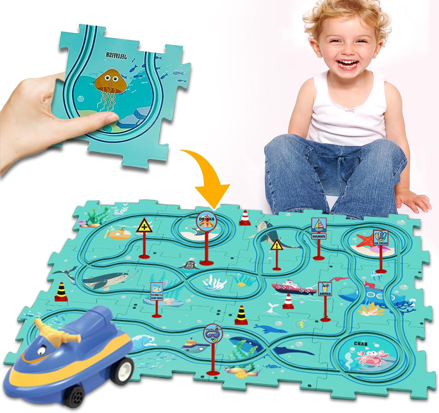 25PCS Puzzle Car Tracks with Vehicles - Educational Montessori Toys for 3+ Years  Amz Ocean Theme1  