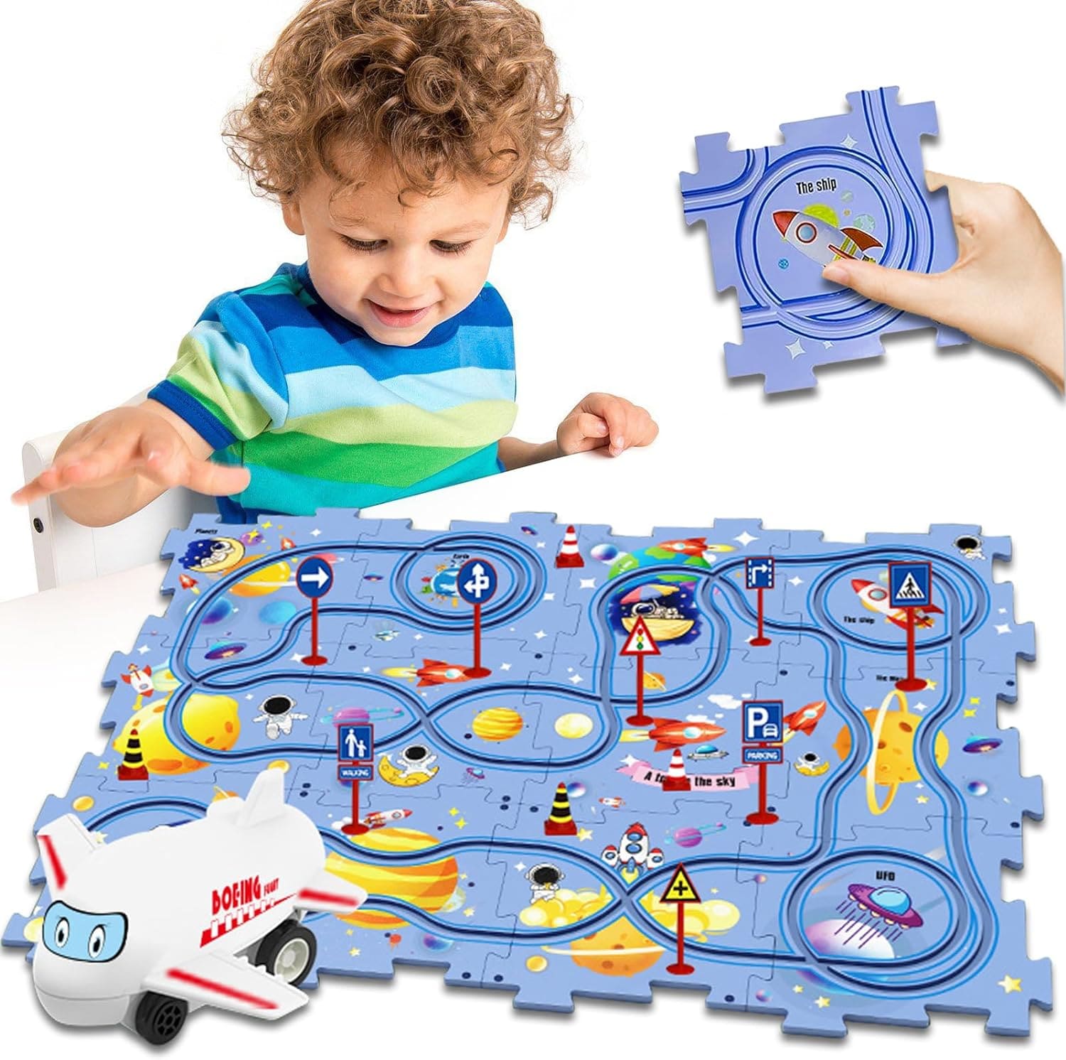 25PCS Puzzle Car Tracks with Vehicles - Educational Montessori Toys for 3+ Years  Amz Space Theme1  