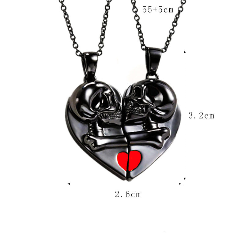 Halloween Couple Necklace: Heart-Shaped Skull Pendant