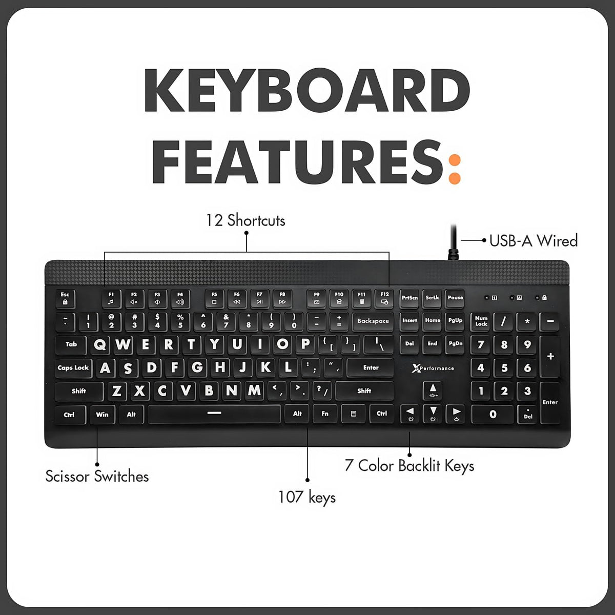 Large Print Backlit Keyboard – 7-Color LED, USB Wired, Full Size 107-Key for Seniors & Low Vision
