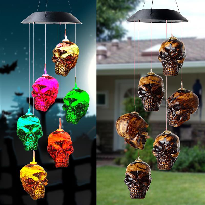 Solar-Powered Halloween Skull Wind Chimes - LED Garden Decoration, Outdoor Ornament