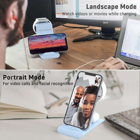 Blue 3 in 1 Wireless Charging Station Compatible for Apple Products