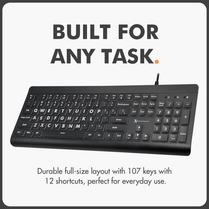 Large Print Backlit Keyboard – 7-Color LED, USB Wired, Full Size 107-Key for Seniors & Low Vision