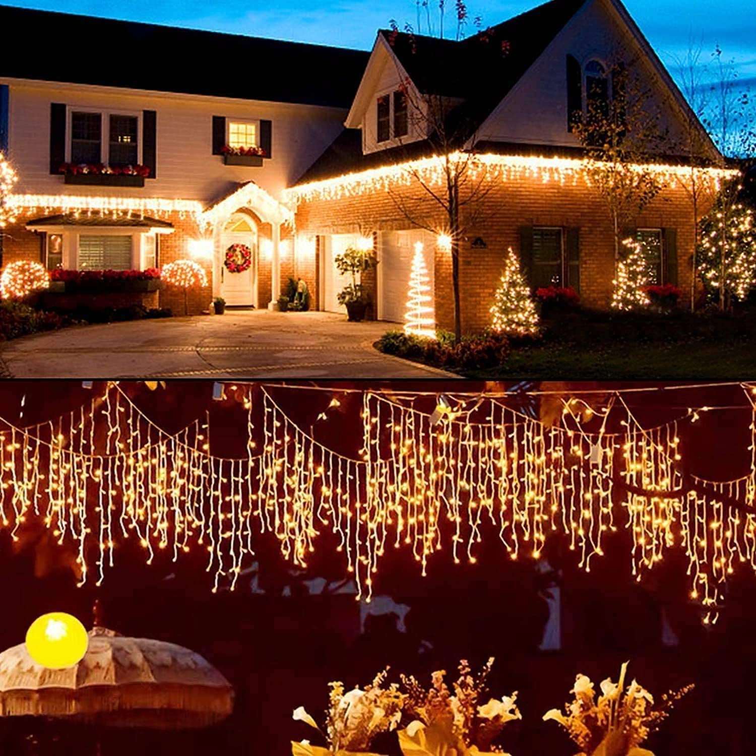 Warm White 360 LED Christmas Icicle Lights Outdoor Dripping Ice Cycle Lights, 29.5Ft 8 Modes Curtain Fairy Lights with 60 Drops