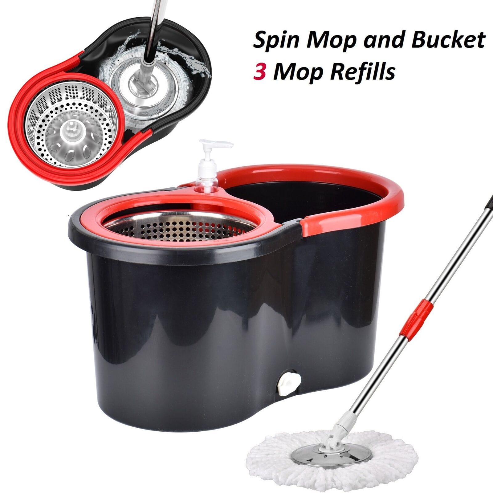 360° Spin Mop with Rotating Head & Easy Dry Bucket System + 3 Microfiber Heads