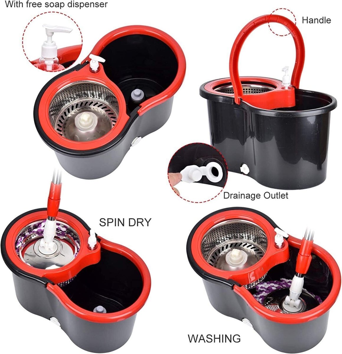 360° Spin Mop with Rotating Head & Easy Dry Bucket System + 3 Microfiber Heads