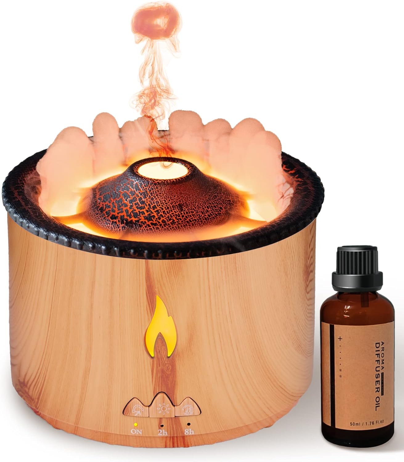 Wood Yellow 360ML Essential Oil Diffuser: Volcano and Flame Air Diffuser/Humidifier with Red & Blue Light