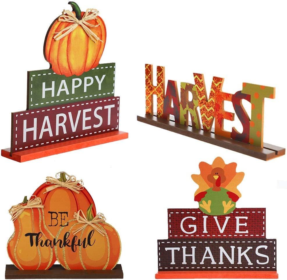  4-Pack Thanksgiving Themed Wood Pumpkin Table Centerpiece Signs – Harvest Autumn Glitter Decor for Home & Office