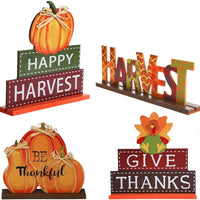  4-Pack Thanksgiving Themed Wood Pumpkin Table Centerpiece Signs – Harvest Autumn Glitter Decor for Home & Office