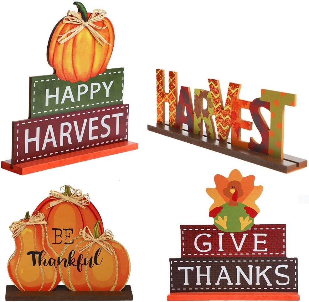  4-Pack Thanksgiving Themed Wood Pumpkin Table Centerpiece Signs – Harvest Autumn Glitter Decor for Home & Office