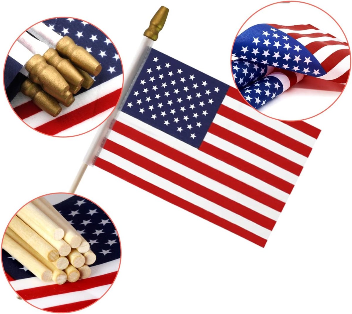 Pack of 50 - USA 4x6 Inch Wooden Stick Flags - Handheld American Flags with Kid-Safe Golden Spear Top